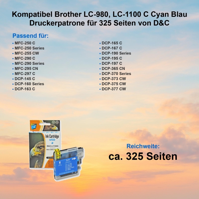 Kompatibel Brother LC-980C, LC-1100C Cyan Blau Druckerpatrone Tinte bis 325 Seiten von D&C