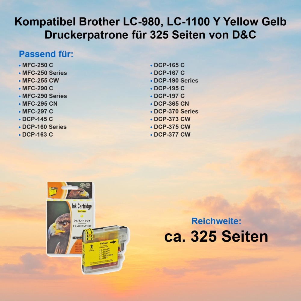 Kompatibel Brother LC-980, LC-1100 Y Yellow Gelb Druckerpatrone für 325 Seiten von D&C