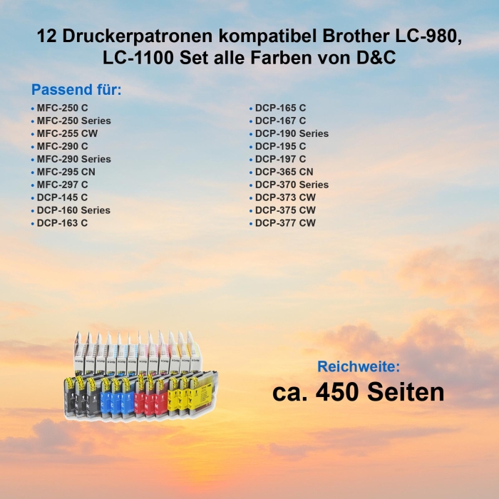 12 Druckerpatronen kompatibel Brother LC-980, LC-1100 VAL Druckerpatronen TintenSet alle Farben von D&C