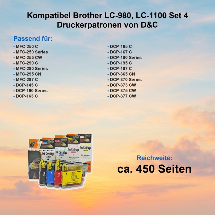 Ersetzt BrotherLC-980VAL Value Pack, LC-1100 Set 4 Druckerpatronen alle Farben von D&C