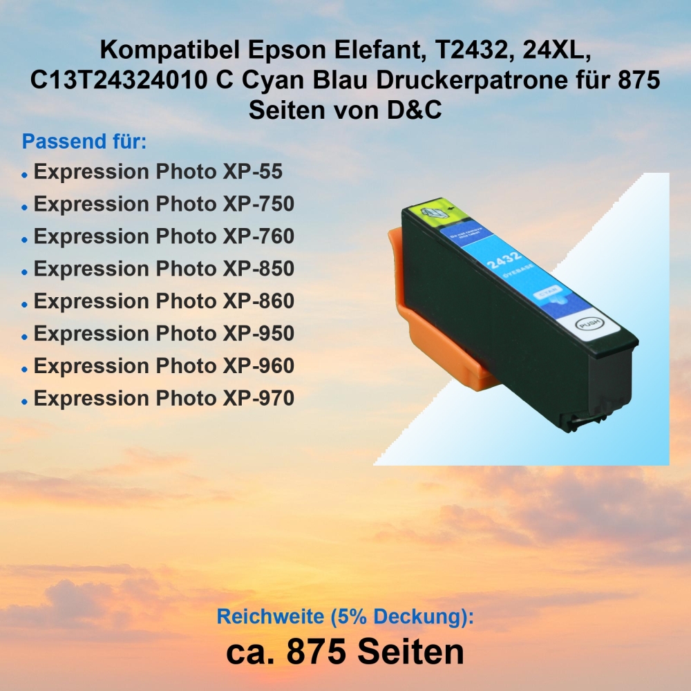 Kompatibel Epson Elefant, T2432, 24XL, C13T24324010 C Cyan Blau Druckerpatrone für 875 Seiten von D&C