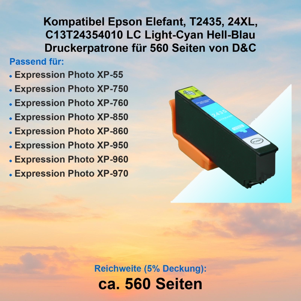 Kompatibel Epson Elefant, T2435, 24XL, C13T24354010 LC Light-Cyan Hell-Blau Druckerpatrone für 560 Seiten von D&C