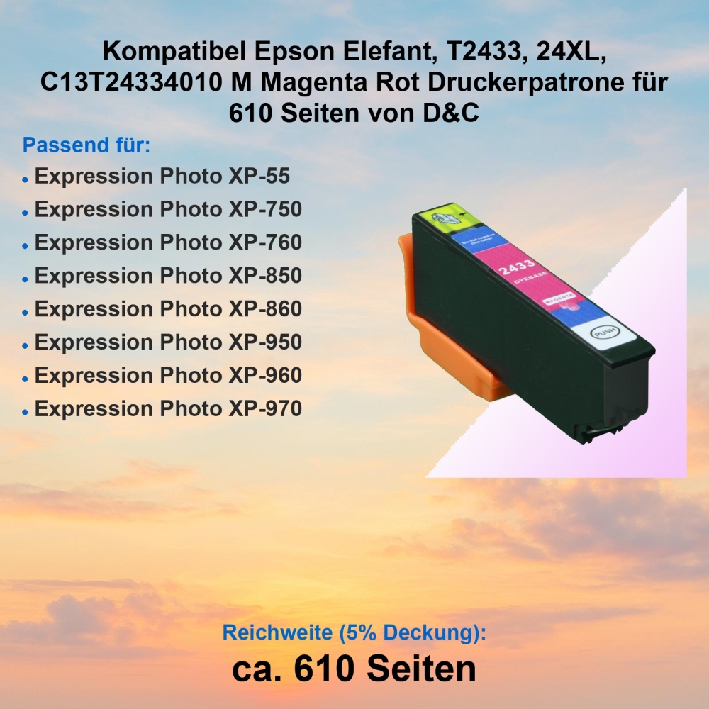 Kompatibel Epson Elefant, T2433, 24XL, C13T24334010 M Magenta Rot Druckerpatrone für 610 Seiten von D&C