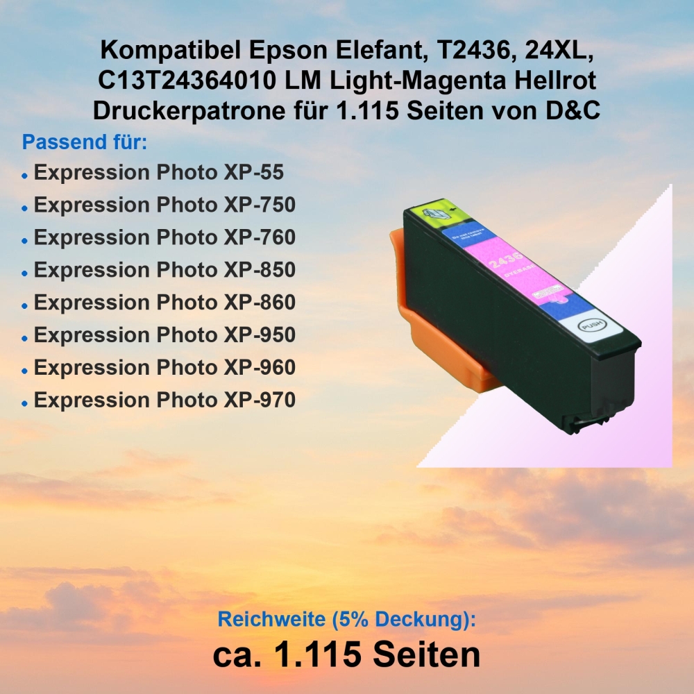 Kompatibel Epson Elefant, T2436, 24XL, C13T24364010 LM Light-Magenta Hellrot Druckerpatrone für 1.115 Seiten von D&C
