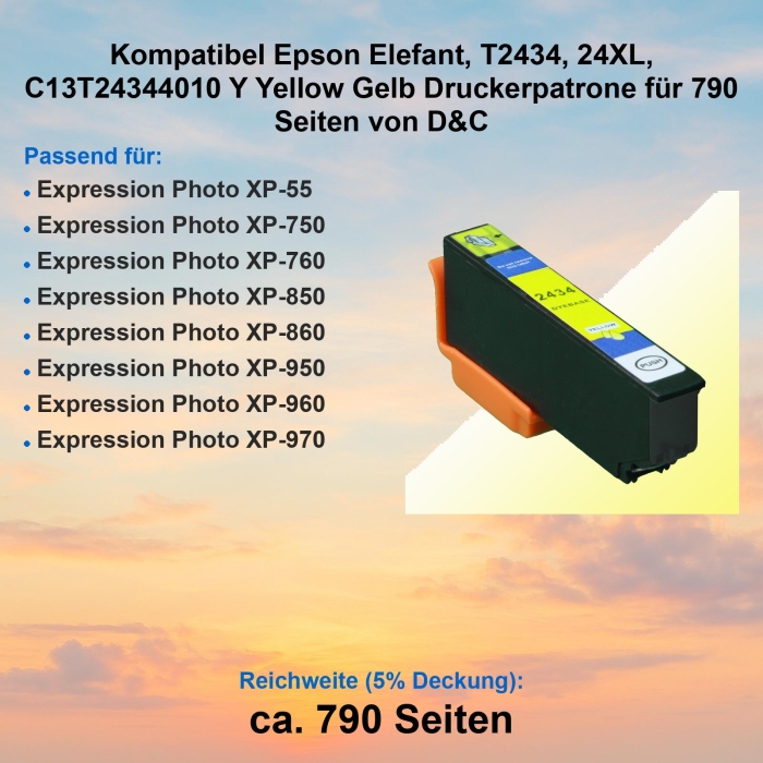 Kompatibel Epson Elefant, T2434, 24XL, C13T24344010 Y...