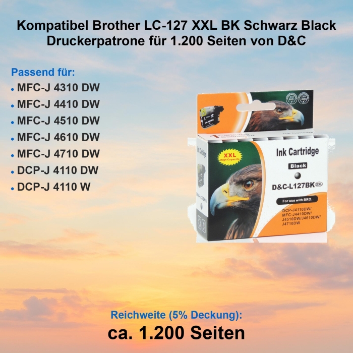 Kompatibel Brother LC-127 XXL BK Schwarz Black Druckerpatrone für 1.200 Seiten von D&C