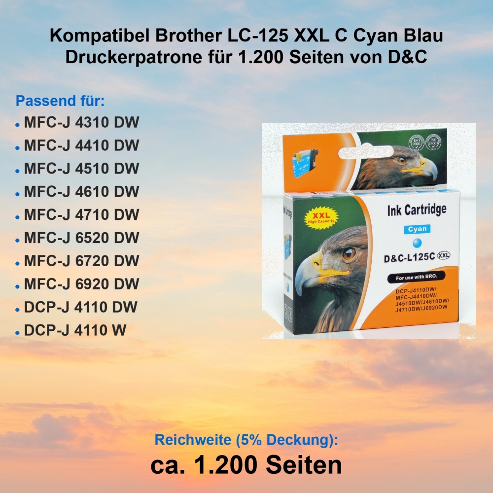 Kompatibel Brother LC-125 XXL C Cyan Blau Druckerpatrone für 1.200 Seiten von D&C