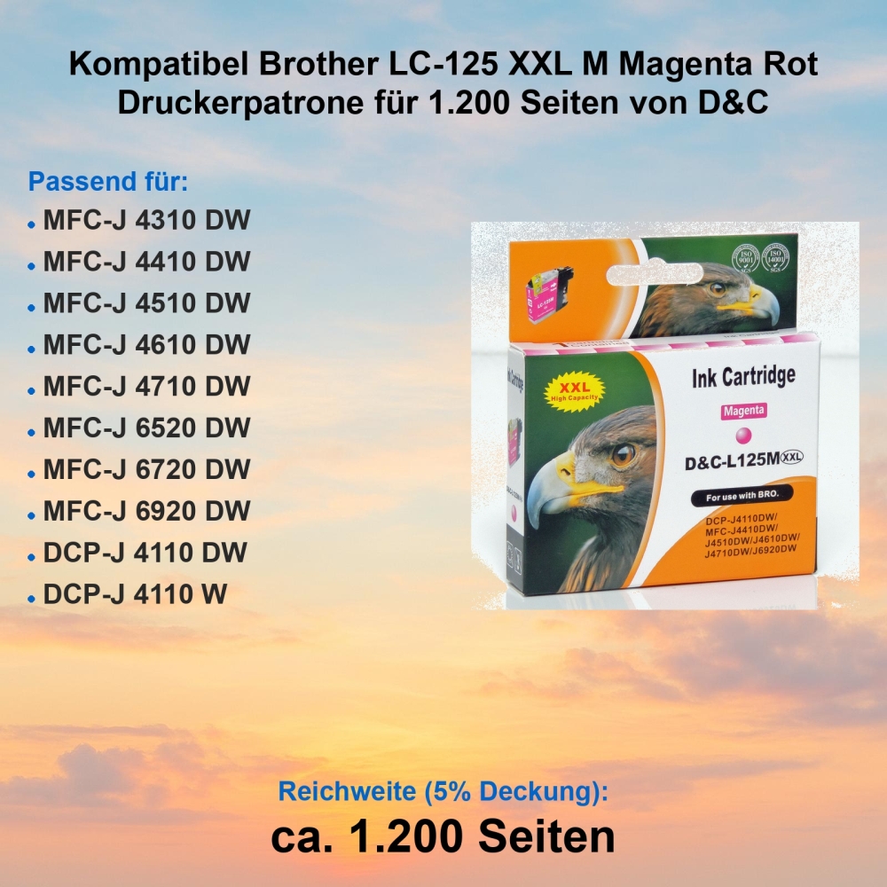 Kompatibel Brother LC-125 XXL M Magenta Rot Druckerpatrone für 1.200 Seiten von D&C