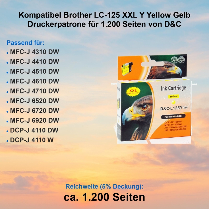 Kompatibel Brother LC-125 XXL Y Yellow Gelb Druckerpatrone für 1.200 Seiten von D&C