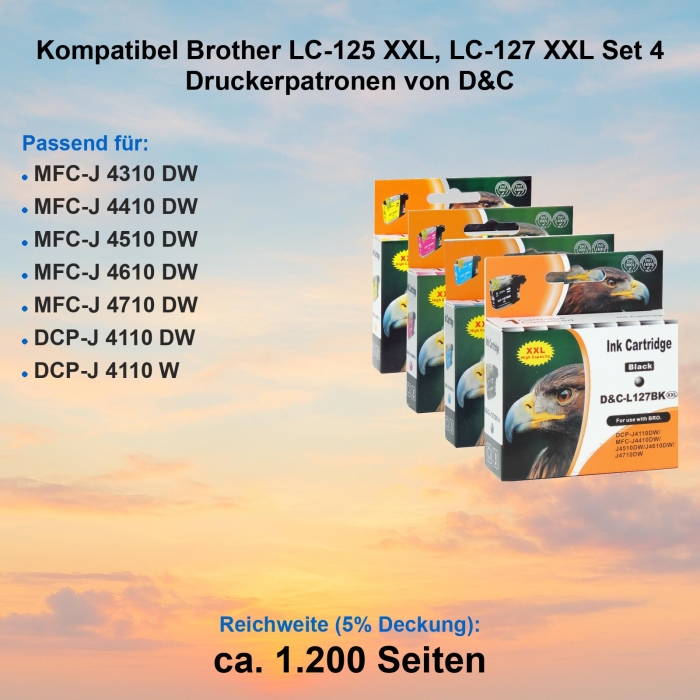 Kompatibel Brother LC-125 XXL, LC-127 XXL Set 4 Druckerpatronen von D&C