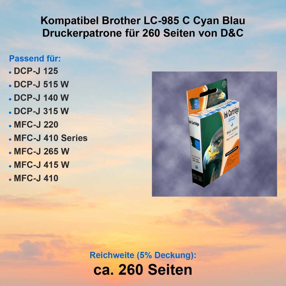 Kompatibel Brother LC-985 C Cyan Blau Druckerpatrone für 260 Seiten von D&C