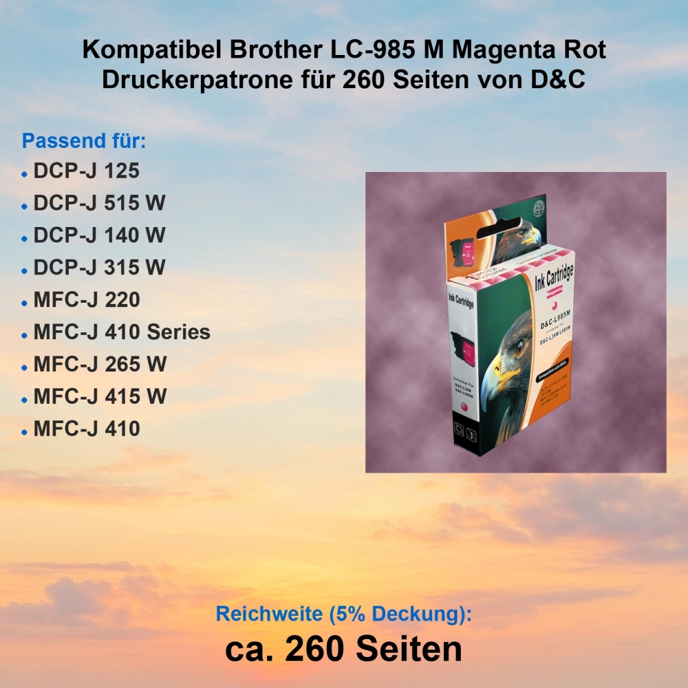 Kompatibel Brother LC-985 M Magenta Rot Druckerpatrone für 260 Seiten von D&C