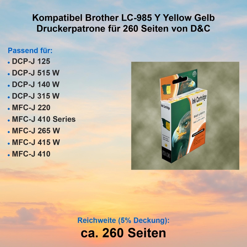 Kompatibel Brother LC-985 Y Yellow Gelb Druckerpatrone für 260 Seiten von D&C
