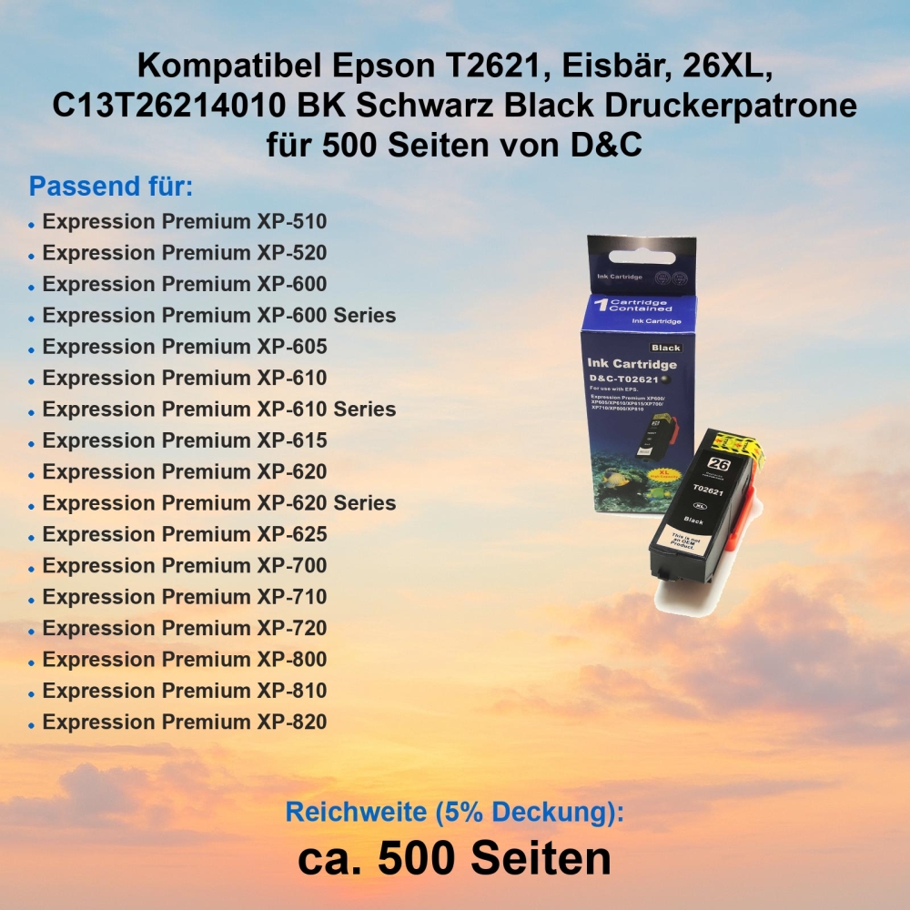 Kompatibel Epson T2621, Eisbär, 26XL, C13T26214010 BK Schwarz Black Druckerpatrone für 500 Seiten von D&C