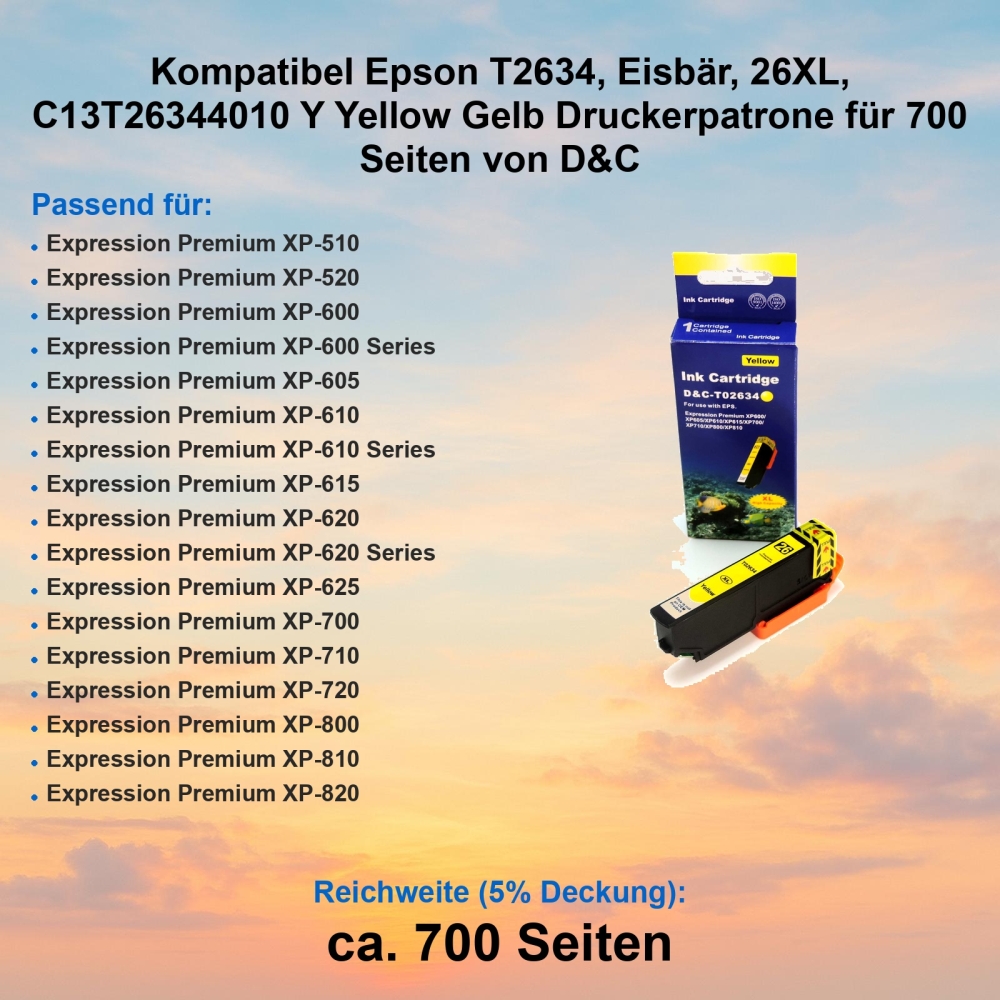 Kompatibel Epson T2634, Eisbär, 26XL, C13T26344010 Y Yellow Gelb Druckerpatrone für 700 Seiten von D&C