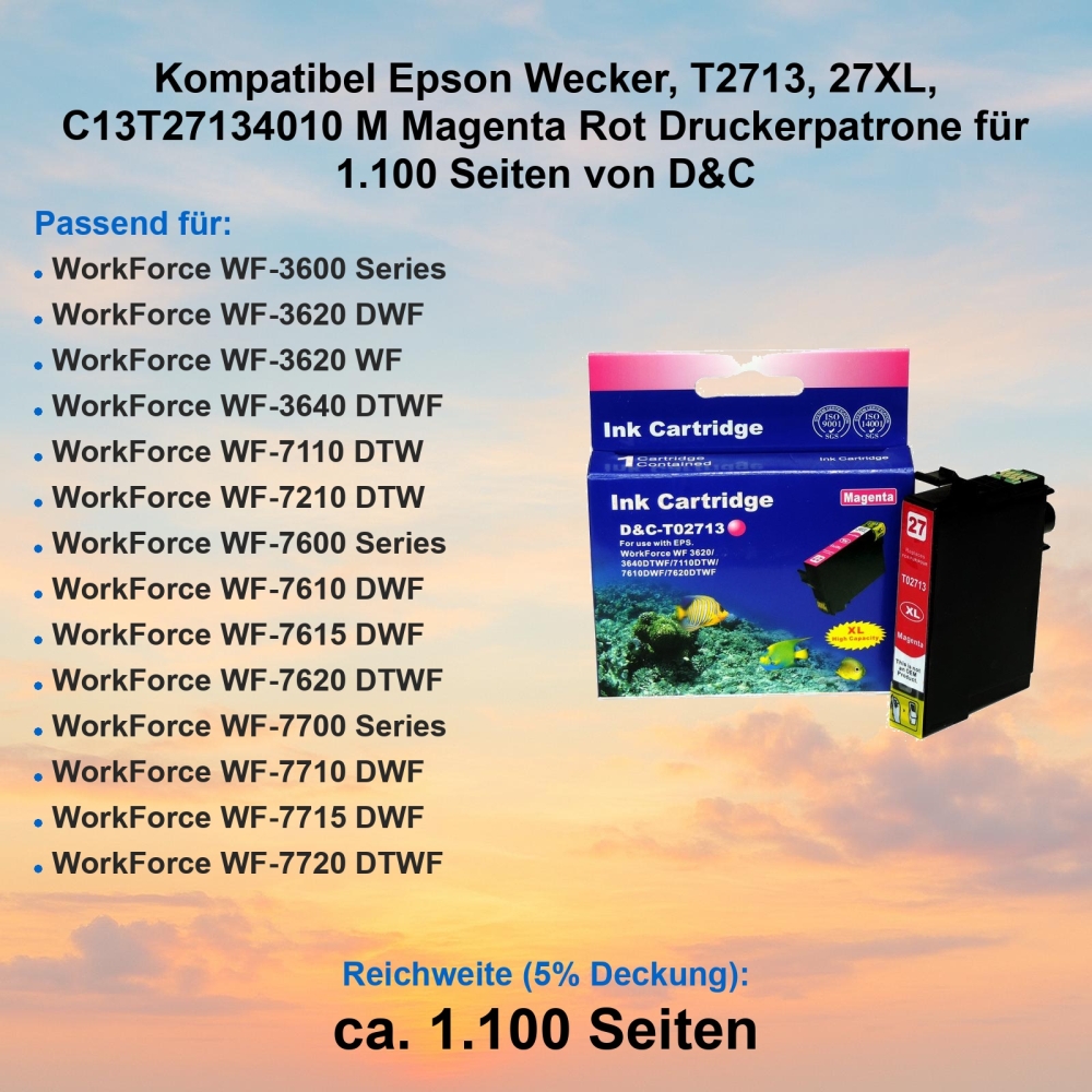 Kompatibel Epson Wecker, T2713, 27XL, C13T27134010 M Magenta Rot Druckerpatrone für 1.100 Seiten von D&C