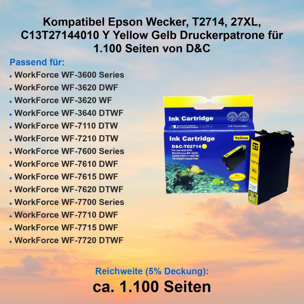 Kompatibel Epson Wecker, T2714, 27XL, C13T27144010 Y Yellow Gelb Druckerpatrone für 1.100 Seiten von D&C