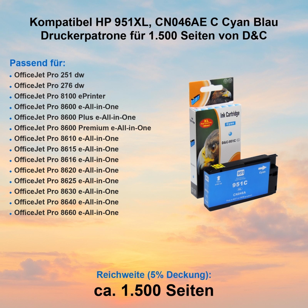 Kompatibel HP 951XL, CN046AE C Cyan Blau Druckerpatrone für 1.500 Seiten von D&C