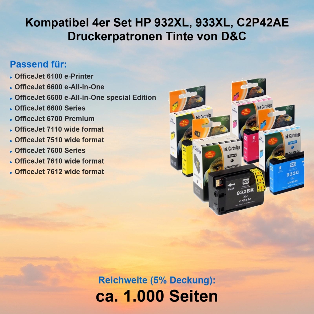 Kompatibel 4er Set HP 932XL, 933XL, C2P42AE Druckerpatronen Tinte von D&C