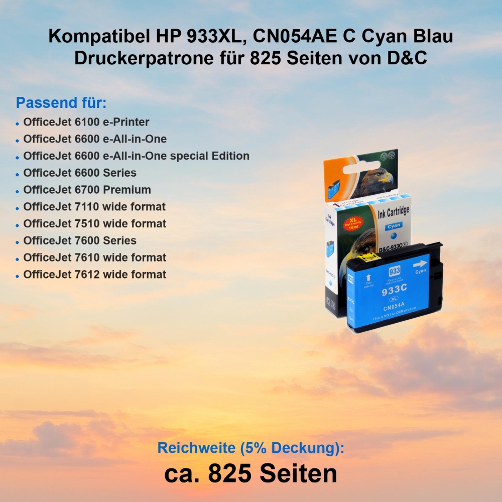 Kompatibel HP 933XL, CN054AE C Cyan Blau Druckerpatrone für 825 Seiten von D&C
