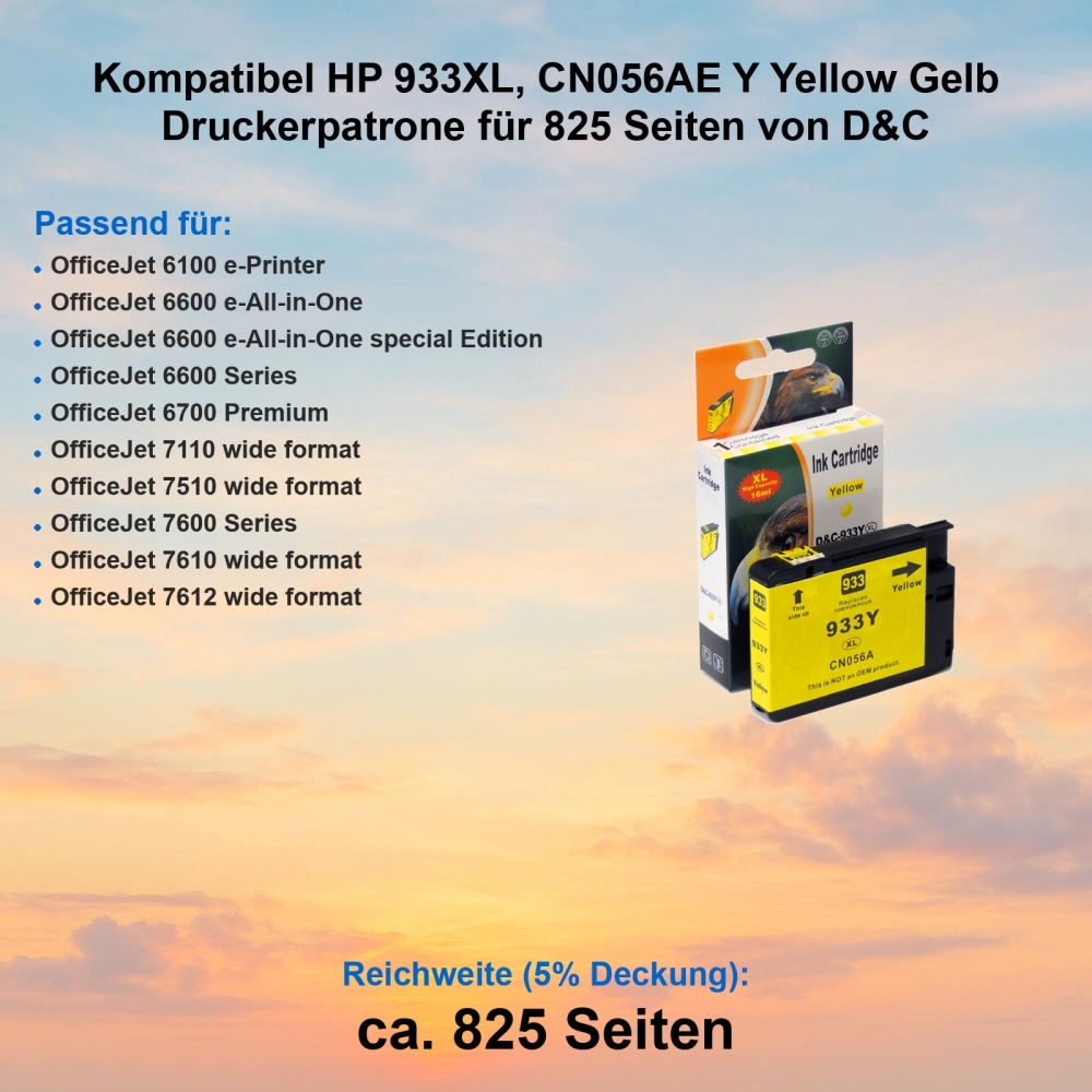 Kompatibel HP 933XL, CN056AE Y Yellow Gelb Druckerpatrone für 825 Seiten von D&C