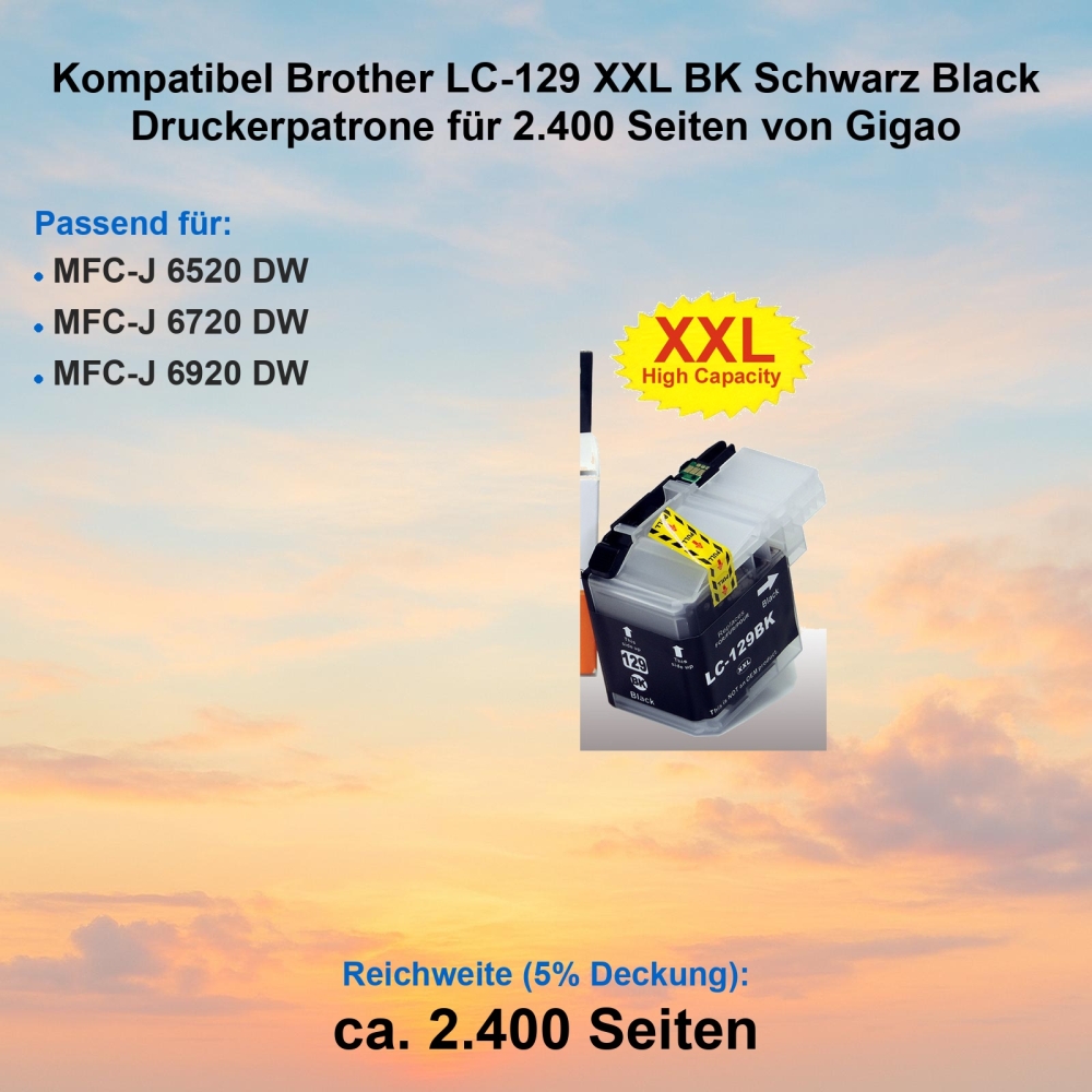 Kompatibel Brother LC-129 XXL BK Schwarz Black Druckerpatrone für 2.400 Seiten von Gigao