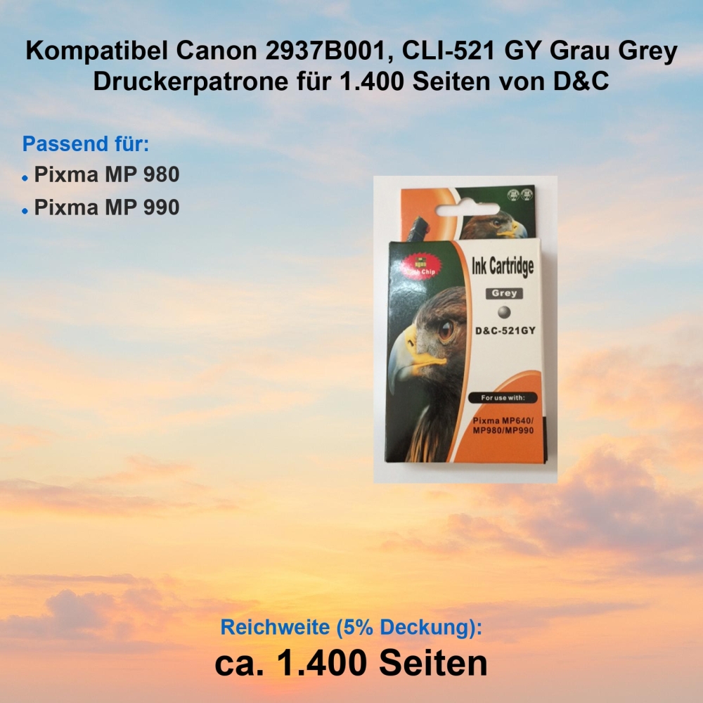 Kompatibel Canon 2937B001, CLI-521 GY Grau Grey Druckerpatrone für 1.400 Seiten von D&C