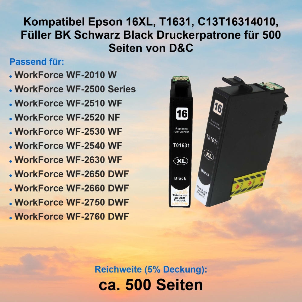 Kompatibel Epson 16XL, T1631, C13T16314010, Füller BK Schwarz Black Druckerpatrone für 500 Seiten von D&C