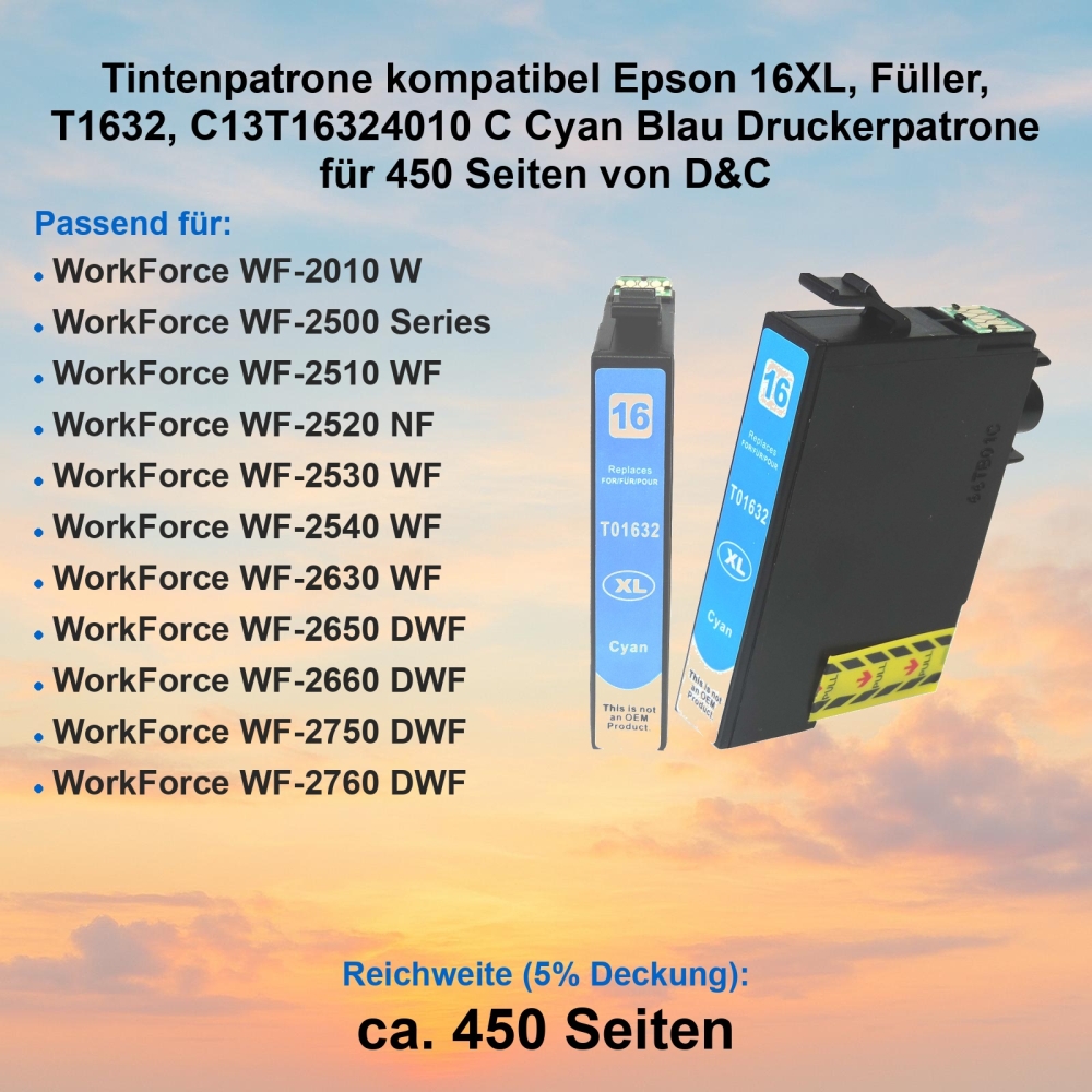 Tintenpatrone kompatibel Epson 16XL, Füller, T1632, C13T16324010 C Cyan Blau Druckerpatrone für 450 Seiten von D&C