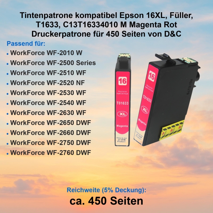 Tintenpatrone kompatibel Epson 16XL, Füller, T1633, C13T16334010 M Magenta Rot Druckerpatrone für 450 Seiten von D&C