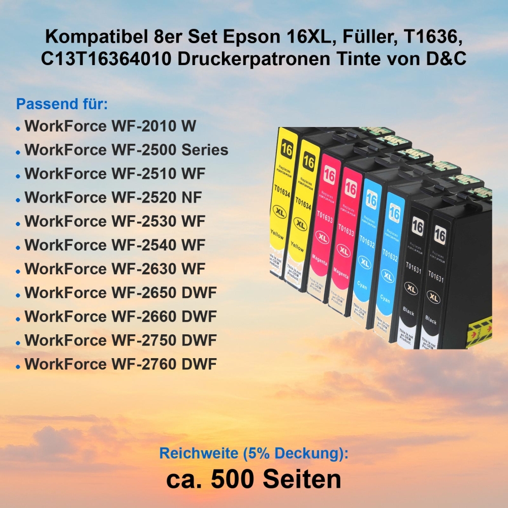 Kompatibel 8er Set Epson 16XL, Füller, T1636, C13T16364010 Druckerpatronen Tinte von D&C