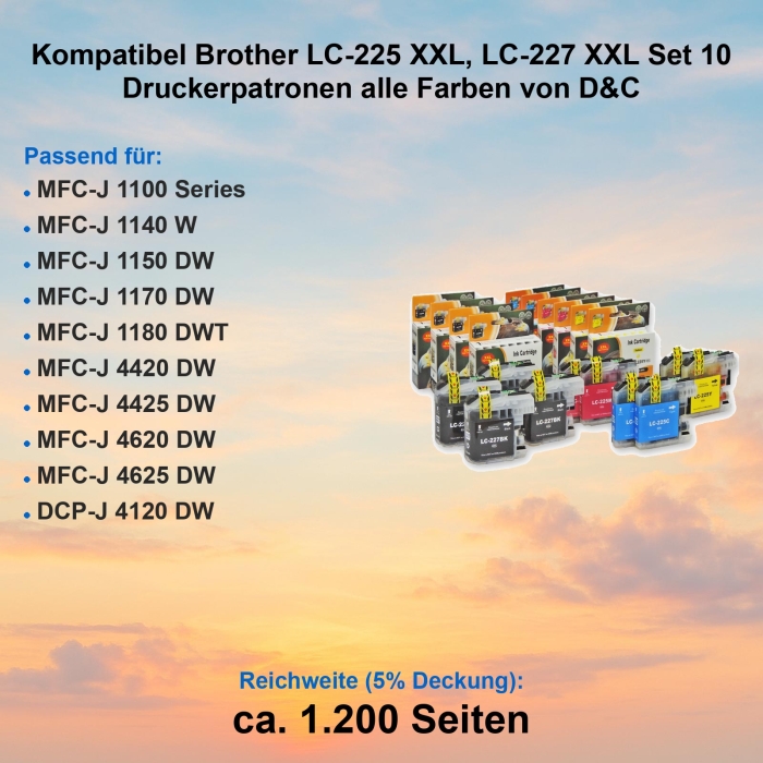 Kompatibel Brother LC-225 XXL, LC-227 XXL Set 10 Druckerpatronen alle Farben von D&C