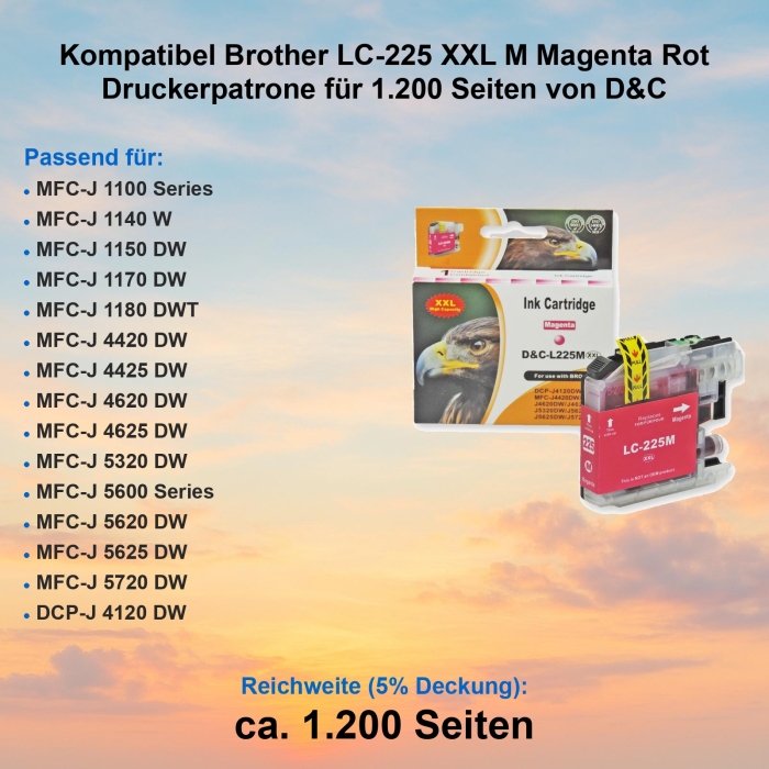 Kompatibel Brother LC-225 XXL M Magenta Rot Druckerpatrone für 1.200 Seiten von D&C