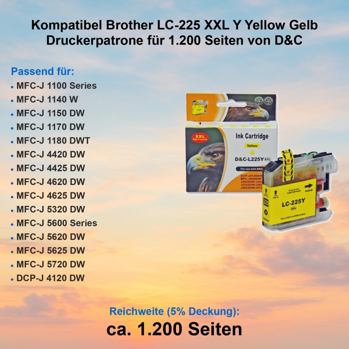Kompatibel Brother LC-225 XXL Y Yellow Gelb Druckerpatrone für 1.200 Seiten von D&C