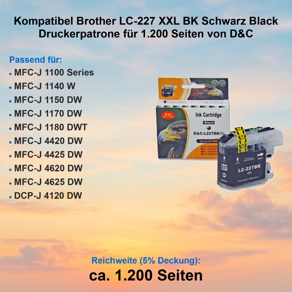 Kompatibel Brother LC-227 XXL BK Schwarz Black Druckerpatrone für 1.200 Seiten von D&C