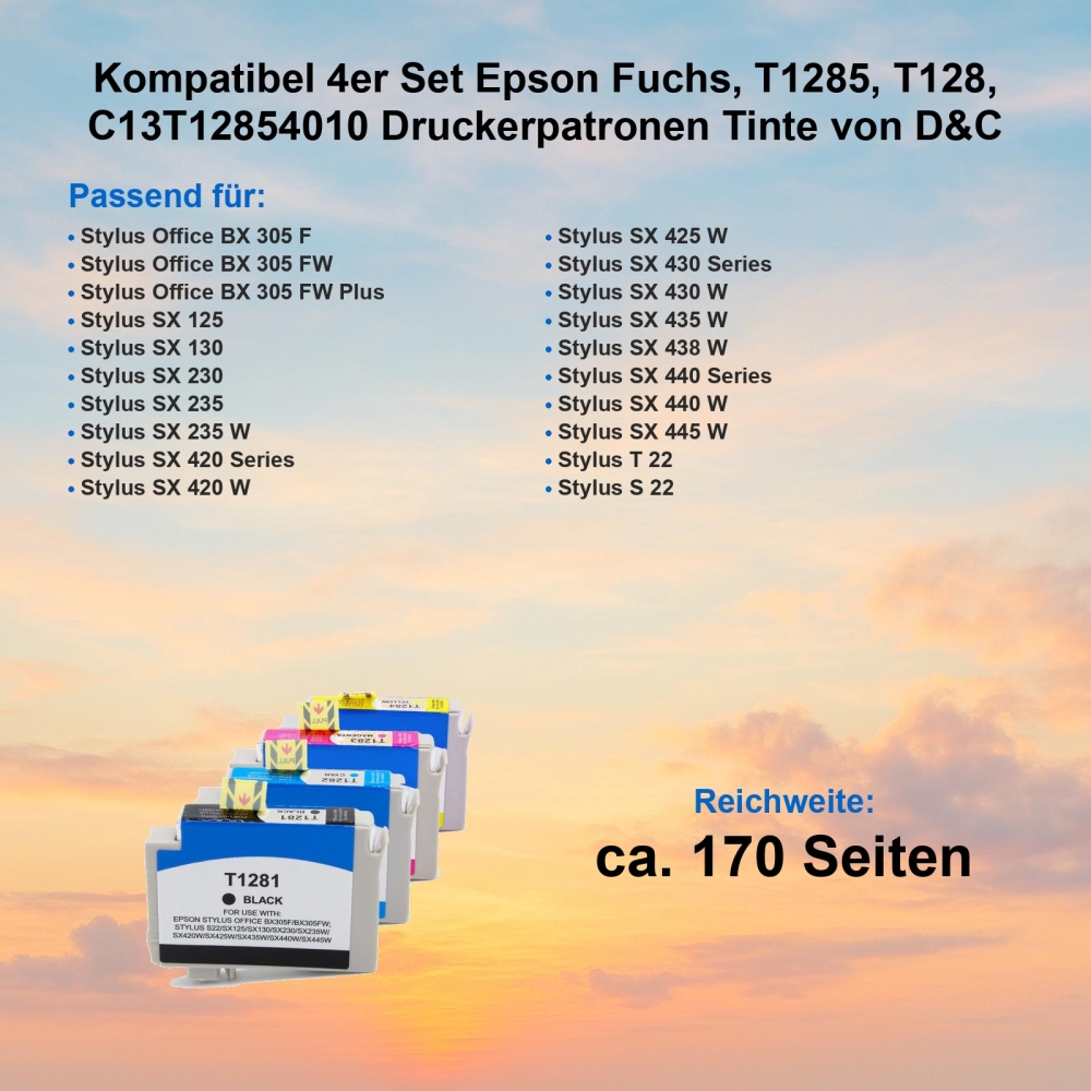 Kompatibel 4er Set Epson Fuchs, T1285, T128, C13T12854010 Druckerpatronen Tinte von D&C