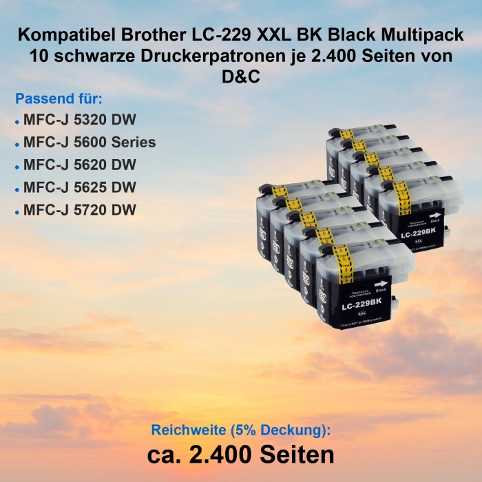 Kompatibel Brother LC-229 XXL BK Black Multipack 10 schwarze Druckerpatronen je 2.400 Seiten von D&C