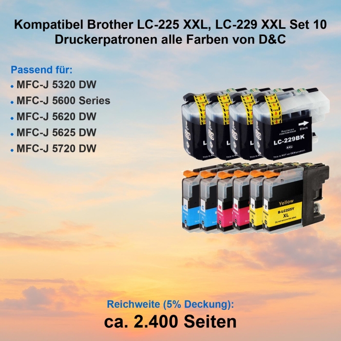 Kompatibel Brother LC-225 XXL, LC-229 XXL Set 10 Druckerpatronen alle Farben von D&C