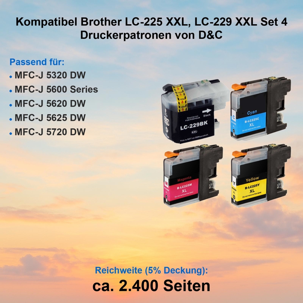 Kompatibel Brother LC-225 XXL, LC-229 XXL Set 4 Druckerpatronen von D&C