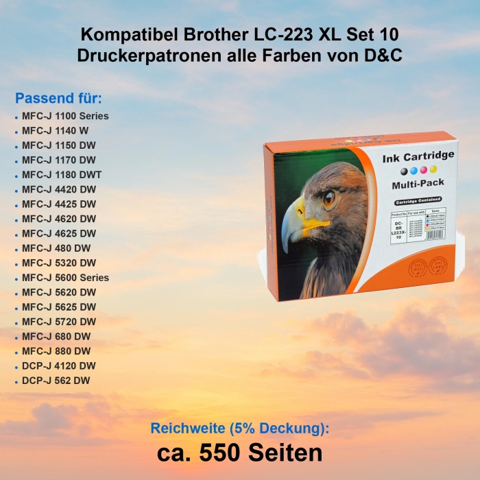 Kompatibel Brother LC-223 XL Set 10 Druckerpatronen alle Farben von D&C