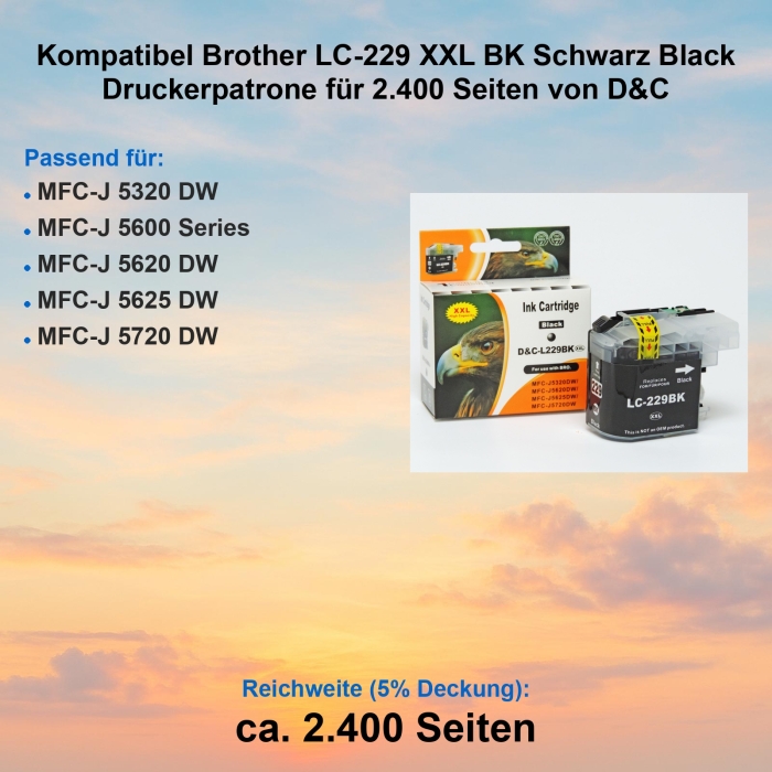 Kompatibel Brother LC-229 XXL BK Schwarz Black Druckerpatrone für 2.400 Seiten von D&C