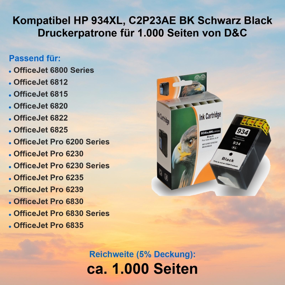Kompatibel HP 934XL, C2P23AE BK Schwarz Black Druckerpatrone für 1.000 Seiten von D&C