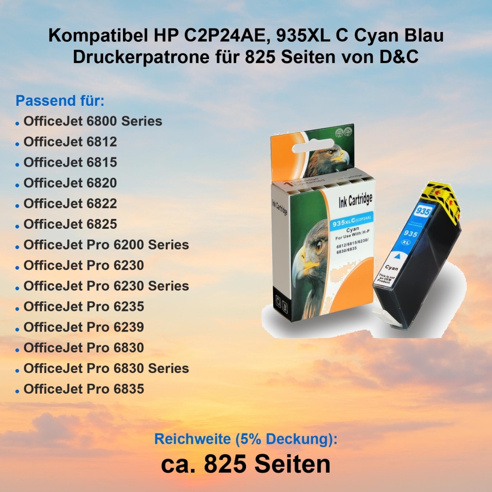 Kompatibel HP C2P24AE, 935XL C Cyan Blau Druckerpatrone für 825 Seiten von D&C