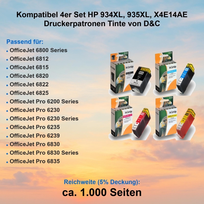 Kompatibel 4er Set HP 934XL, 935XL, X4E14AE Druckerpatronen Tinte von D&C
