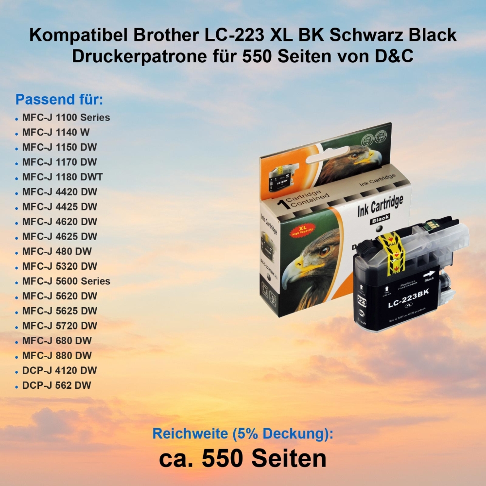 Kompatibel Brother LC-223 XL BK Schwarz Black Druckerpatrone für 550 Seiten von D&C