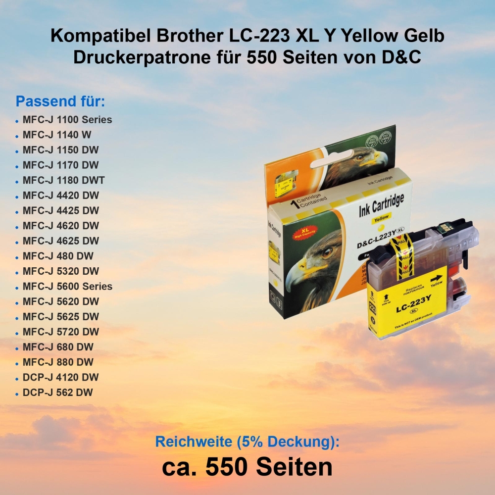Kompatibel Brother LC-223 XL Y Yellow Gelb Druckerpatrone für 550 Seiten von D&C