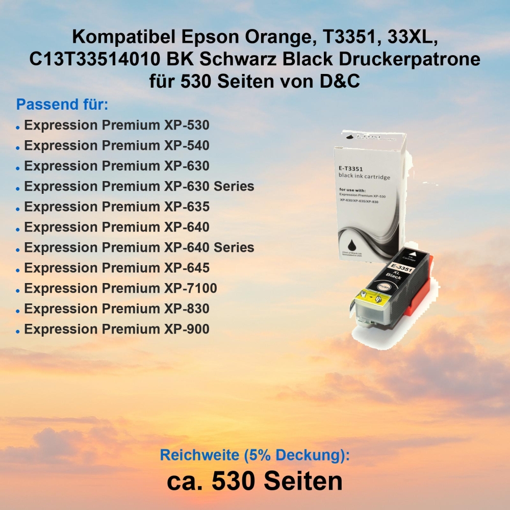 Kompatibel Epson Orange, T3351, 33XL, C13T33514010 BK Schwarz Black Druckerpatrone für 530 Seiten von D&C