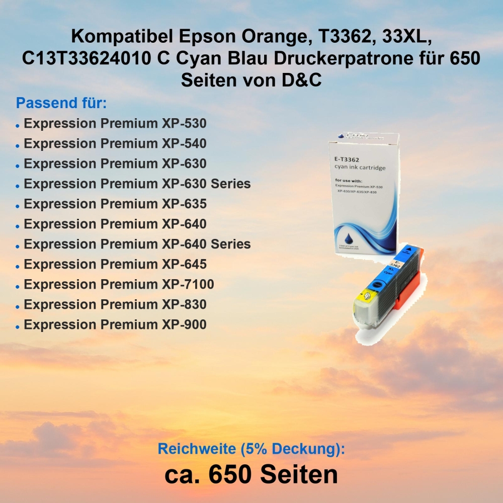 Kompatibel Epson Orange, T3362, 33XL, C13T33624010 C Cyan Blau Druckerpatrone für 650 Seiten von D&C