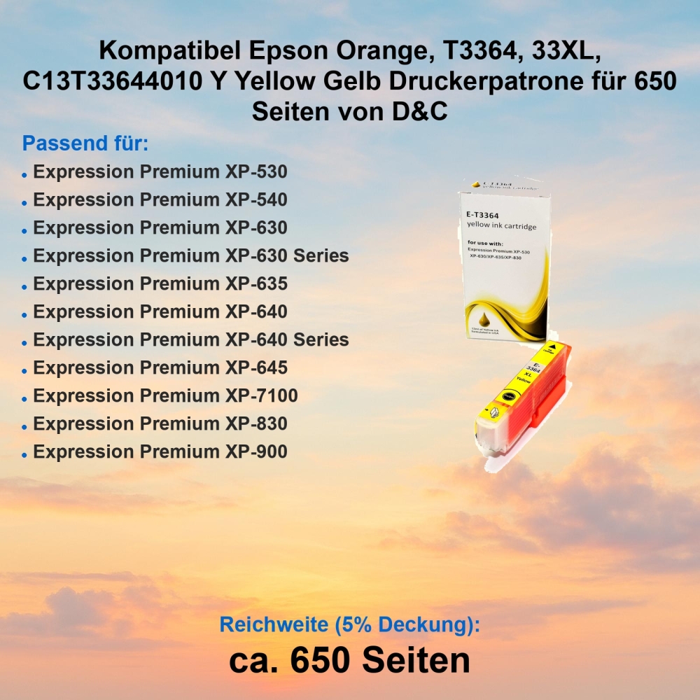Kompatibel Epson Orange, T3364, 33XL, C13T33644010 Y Yellow Gelb Druckerpatrone für 650 Seiten von D&C