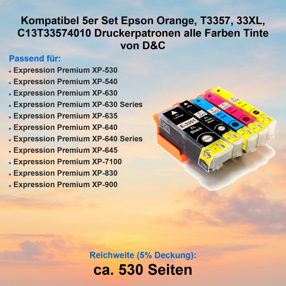 Kompatibel 5er Set Epson Orange, T3357, 33XL, C13T33574010 Druckerpatronen alle Farben Tinte von D&C